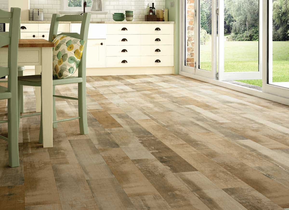 Porcelain tile plank flooring in kitchen