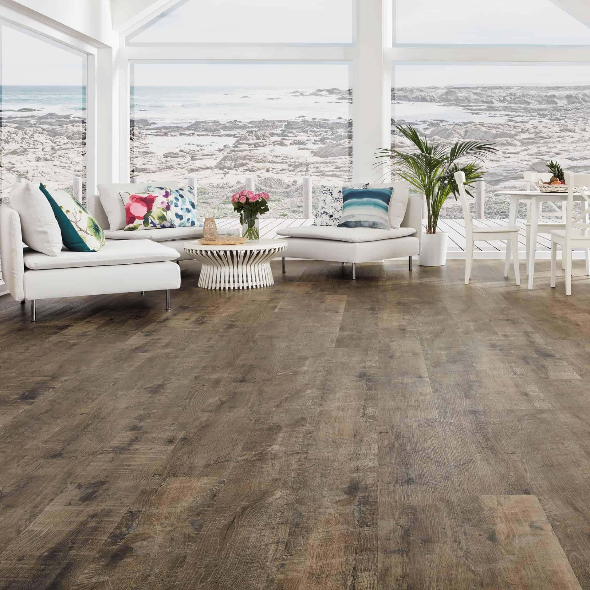 Reclaimed French Oak Luxury VInyl Flooring in sunroom