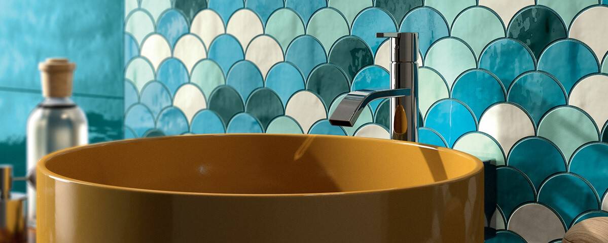 Colourful Turquoise tile backsplash in bathroom