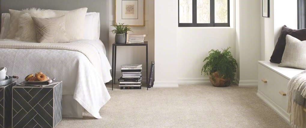 Bedroom with a warm neutral carpet