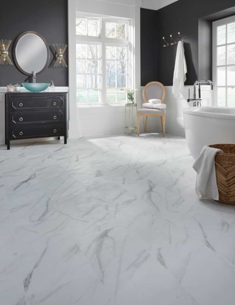 White marble tiles in a bathroom.