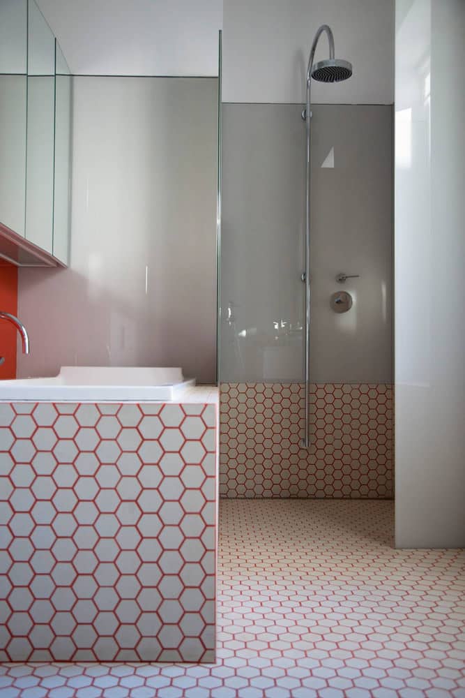 White and red hexagonal tiles in bathroom.