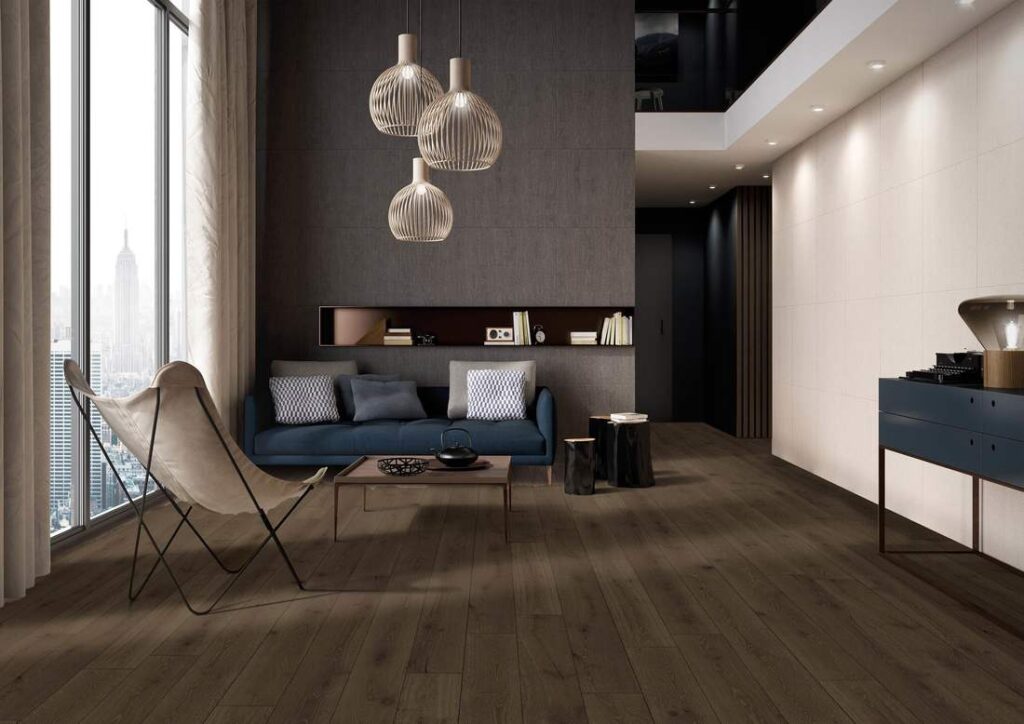 Dark wood floor in a modern, minimalist apartment.