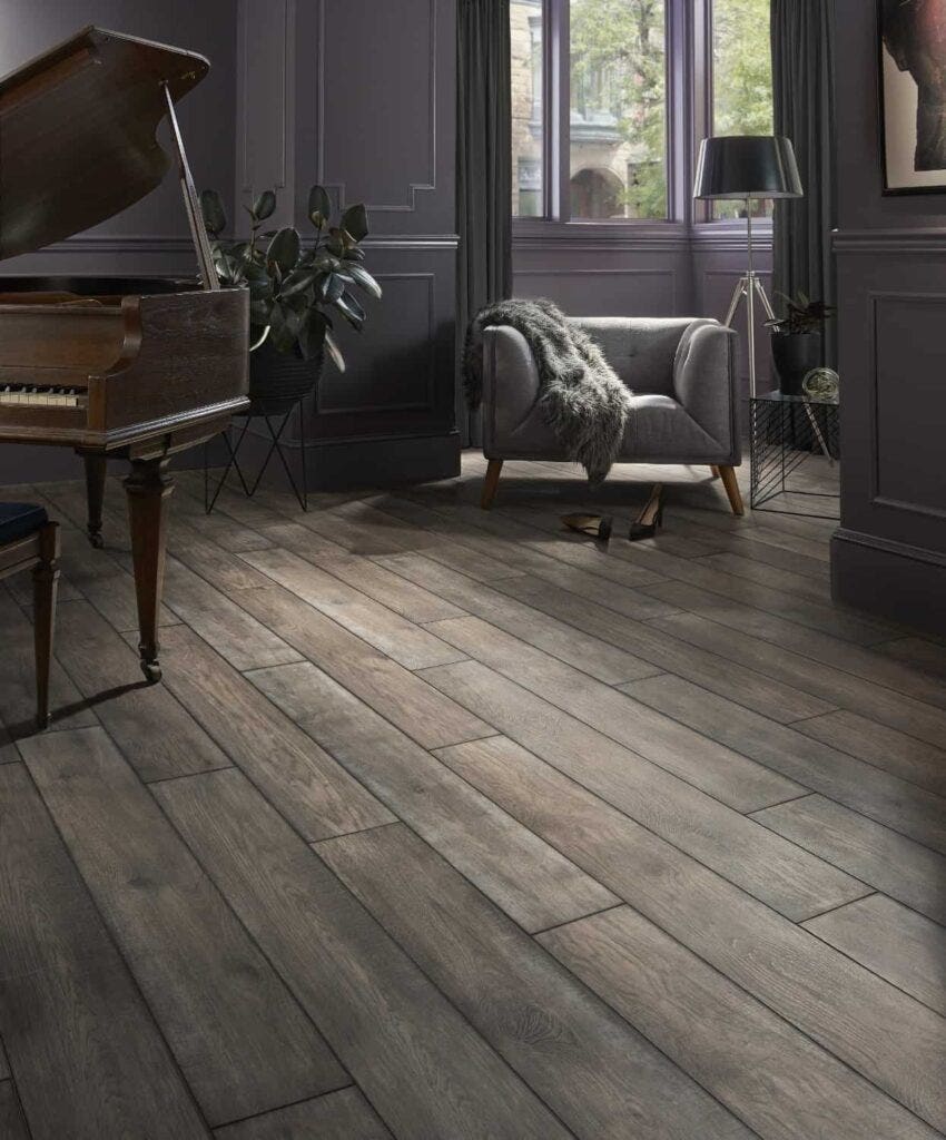 A wooden floor in a room with a piano.